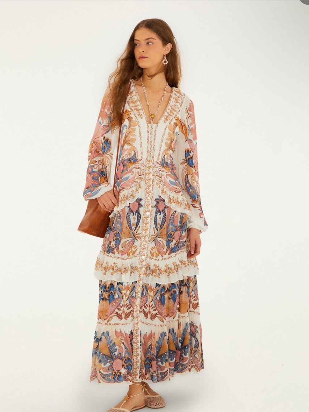 FARM Rio Off-White Sea Garden Ruffled Maxi Dress